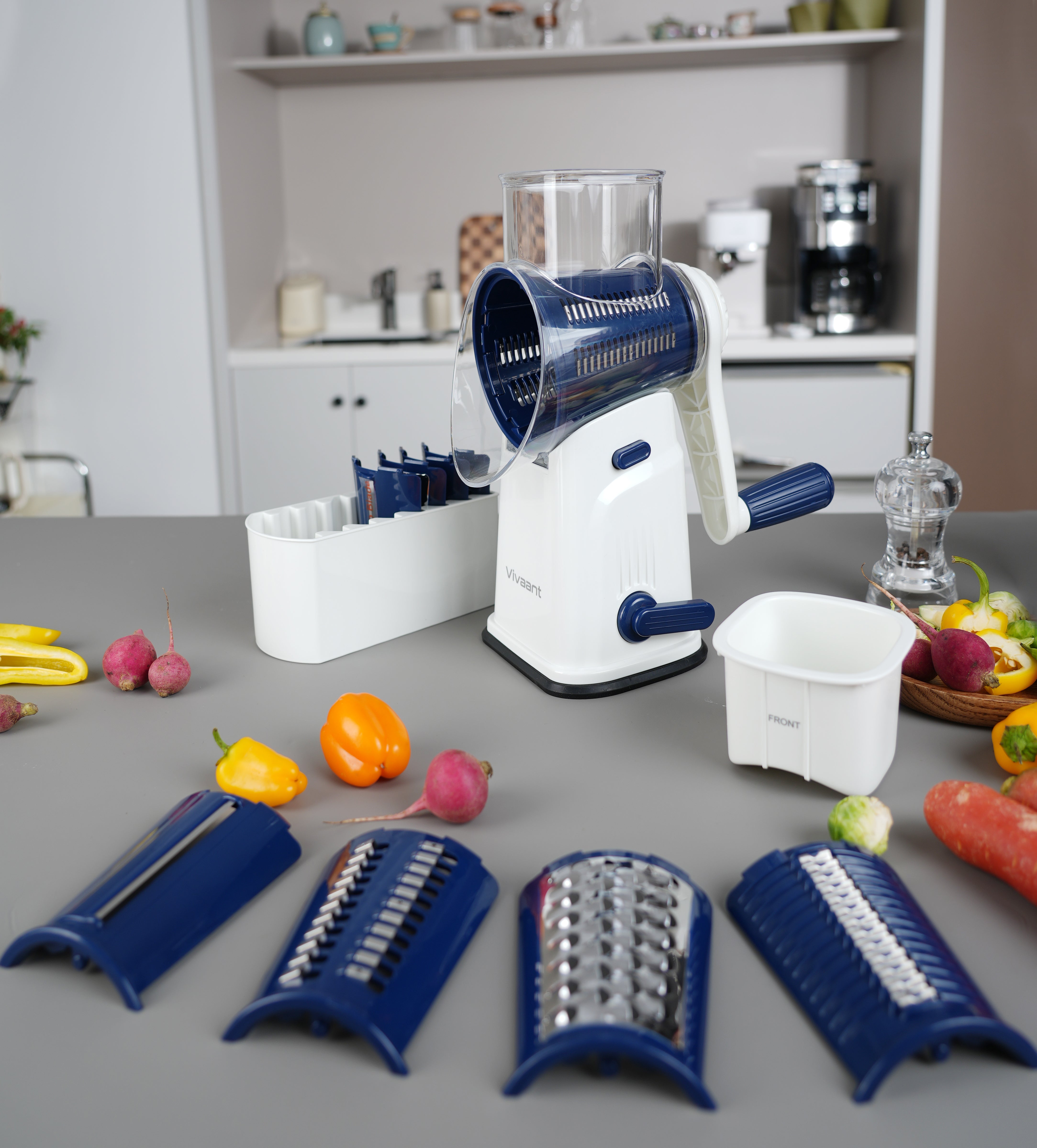 Vivaant Rotary Cheese Grater with Handle, Cheese Shredder Hand Crank with Suction Base & 5 Interchangeable Blades, Multi-Functional Food Chopper for Vegetables, Nuts & Chocolate - Easy to Use & Clean