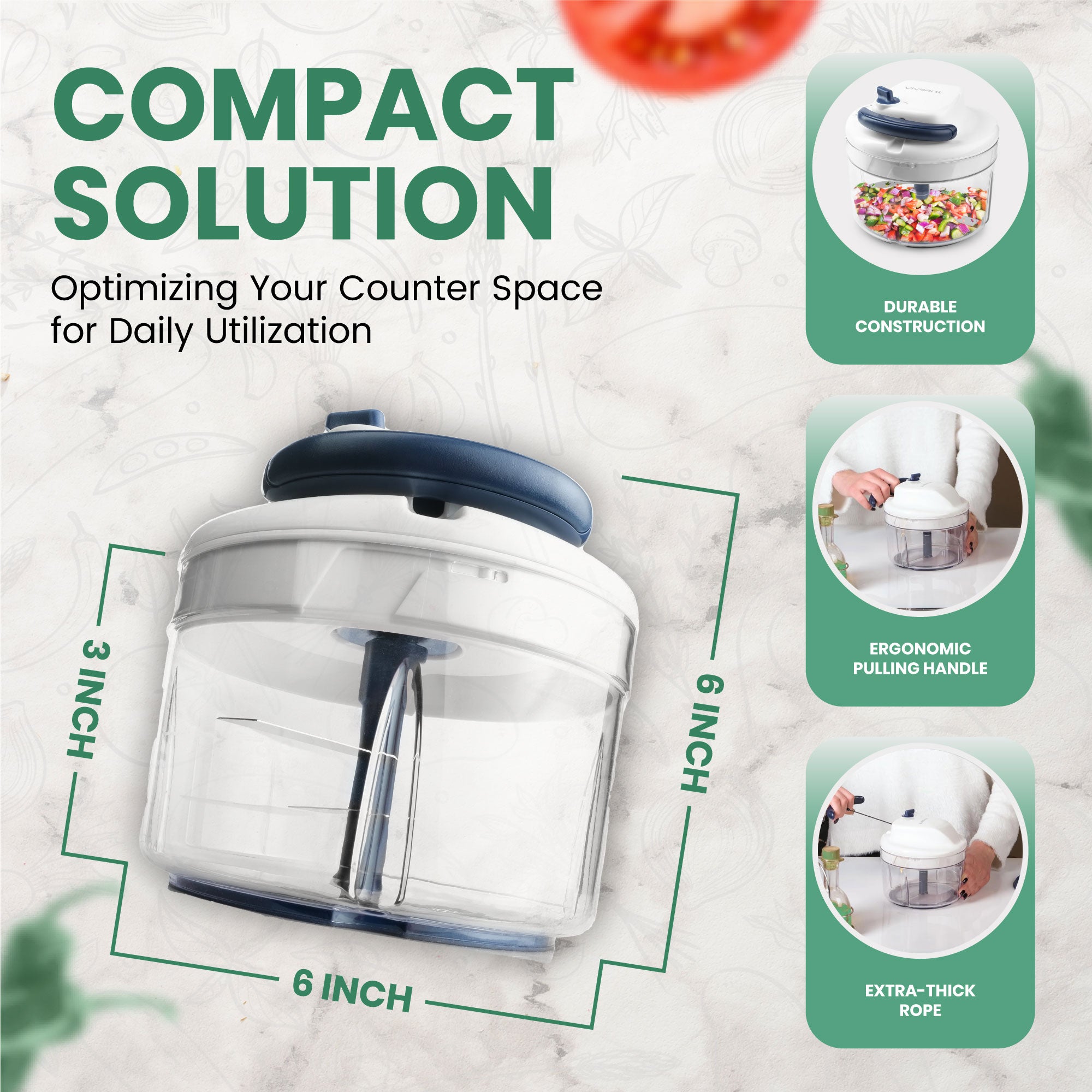 Vivaant Manual Food Processor - 5 Cup (1.2L) Capacity Hand Pull String Garlic Chopper, Manual Food Chopper with Pull Functionality, Pull Chopper and Vegetable Cutter for Effortless Cooking