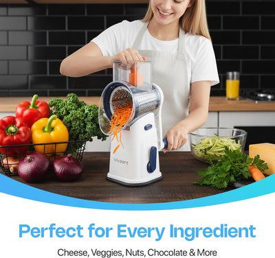 Vivaant Rotary Cheese Grater with Handle, Cheese Shredder Hand Crank with Suction Base & 5 Interchangeable Blades, Multi-Functional Food Chopper for Vegetables, Nuts & Chocolate - Easy to Use & Clean