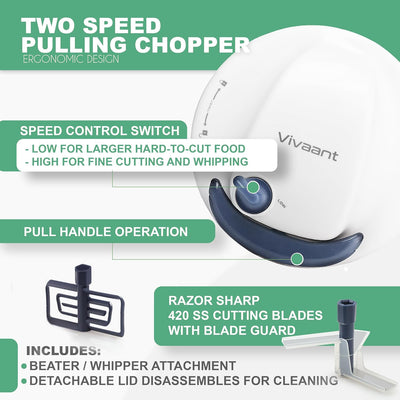 Vivaant Manual Food Processor - 5 Cup (1.2L) Capacity Hand Pull String Garlic Chopper, Manual Food Chopper with Pull Functionality, Pull Chopper and Vegetable Cutter for Effortless Cooking