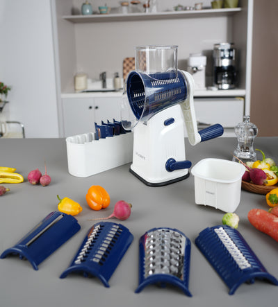 Vivaant Rotary Cheese Grater with Handle, Cheese Shredder Hand Crank with Suction Base & 5 Interchangeable Blades, Multi-Functional Food Chopper for Vegetables, Nuts & Chocolate - Easy to Use & Clean