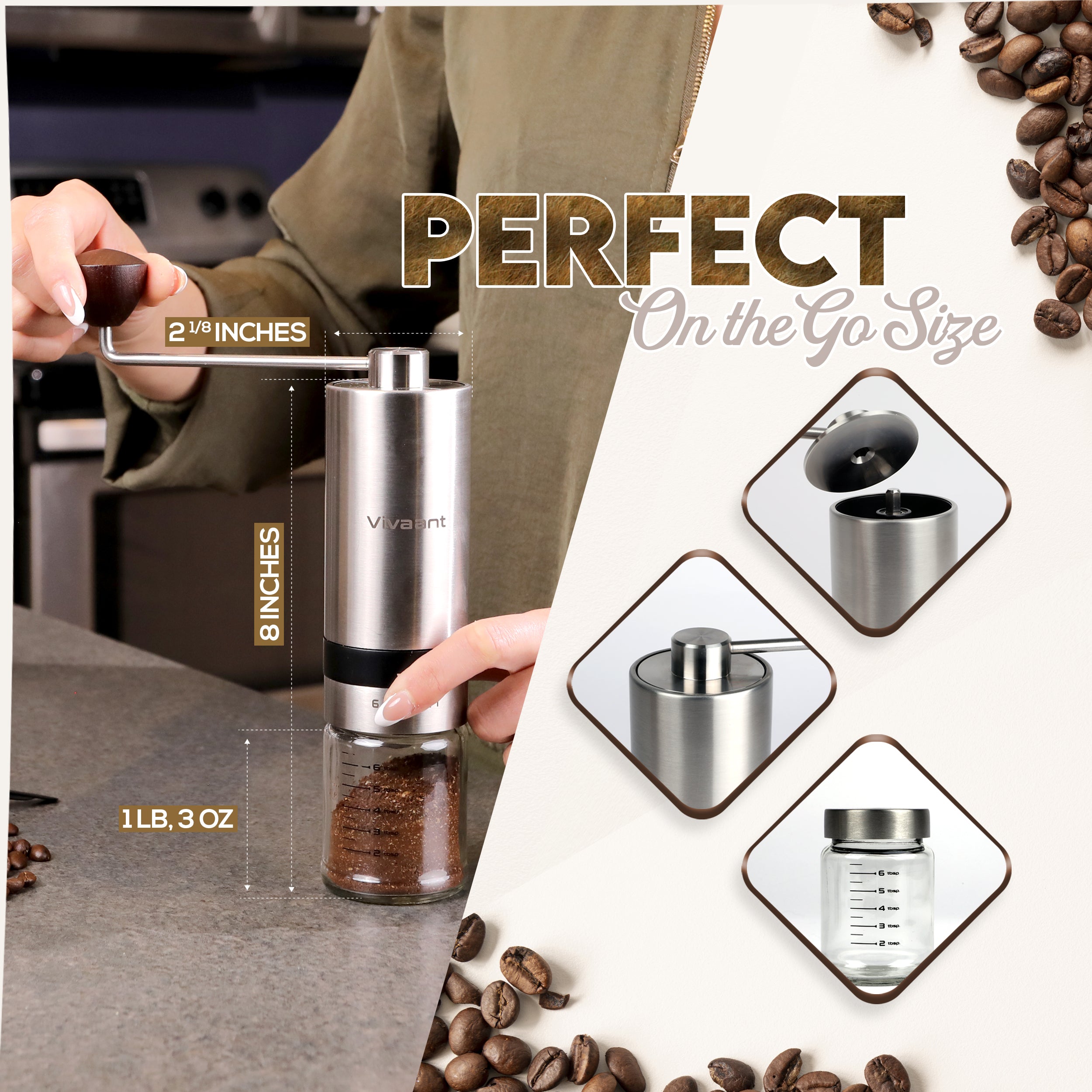 Vivaant Coffee Grinder Manual Capacity 32g - Stainless Steel Conical Burr Coffee Grinder Hand, Manual Coffee Grinder Espresso with Adjustable Settings, Portable Coffee Bean Grinder for French Press