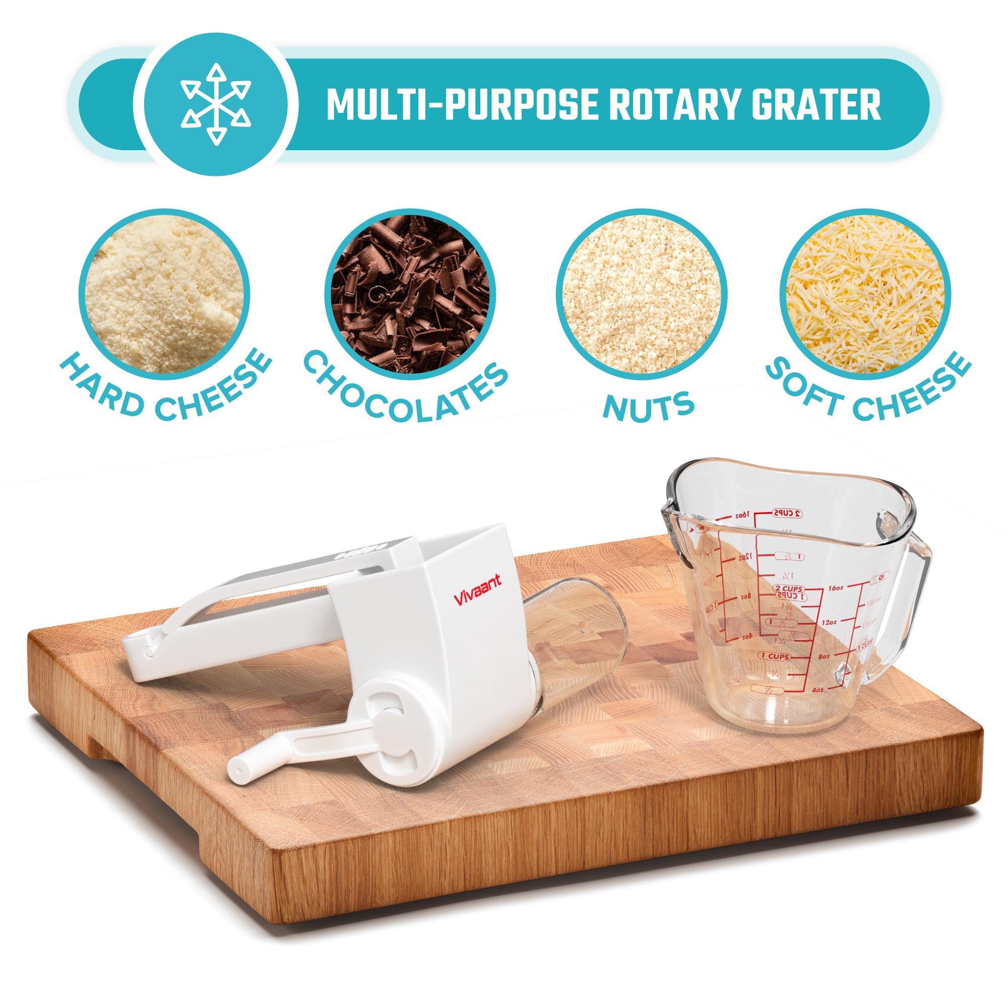 Vivaant Parmesan Cheese Grater Hand Crank, Restaurant-Grade Rotary Cheese Grater Handheld Italian Style with 2 Stainless Steel Drum Blades is Dishwasher Safe & Easy to Clean