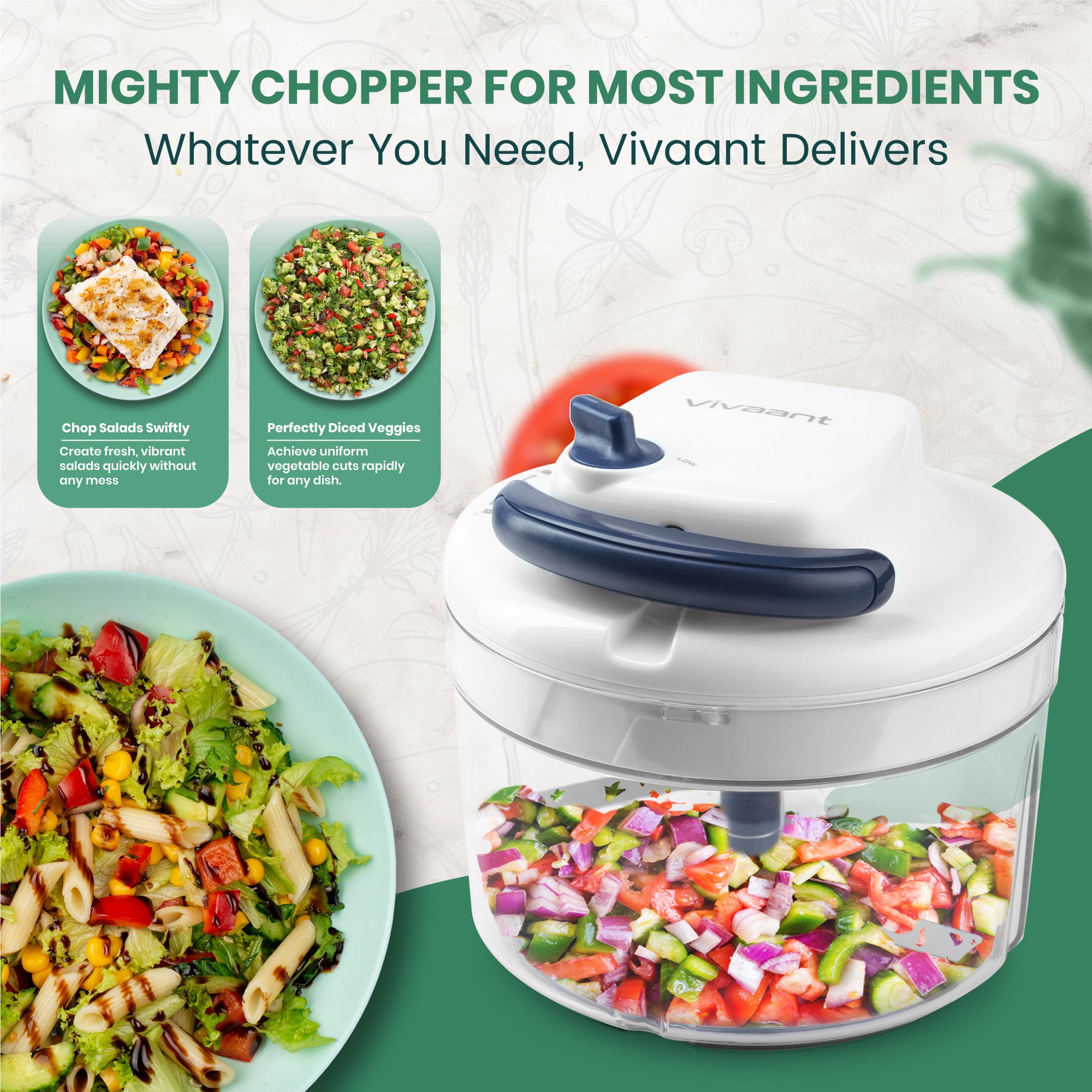 Vivaant Manual Food Processor - 5 Cup (1.2L) Capacity Hand Pull String Garlic Chopper, Manual Food Chopper with Pull Functionality, Pull Chopper and Vegetable Cutter for Effortless Cooking