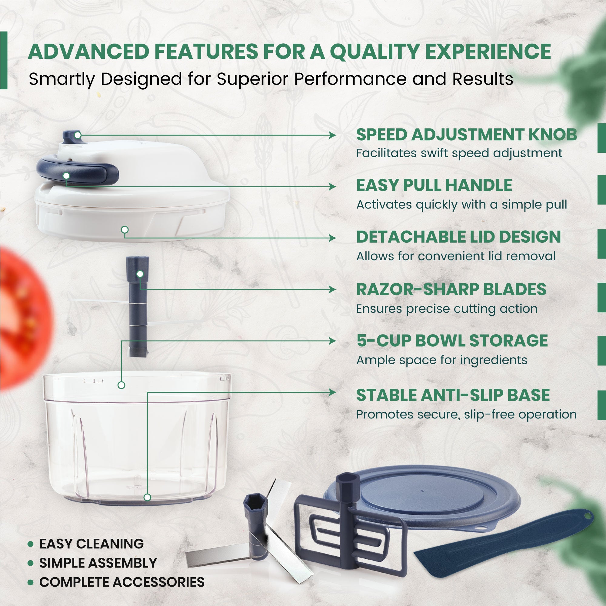 Vivaant Manual Food Processor - 5 Cup (1.2L) Capacity Hand Pull String Garlic Chopper, Manual Food Chopper with Pull Functionality, Pull Chopper and Vegetable Cutter for Effortless Cooking