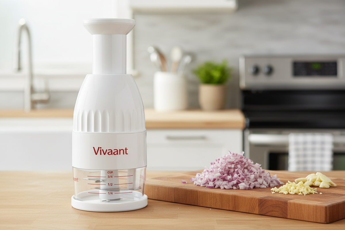 Vivaant chopper with chopped red onion and garlic